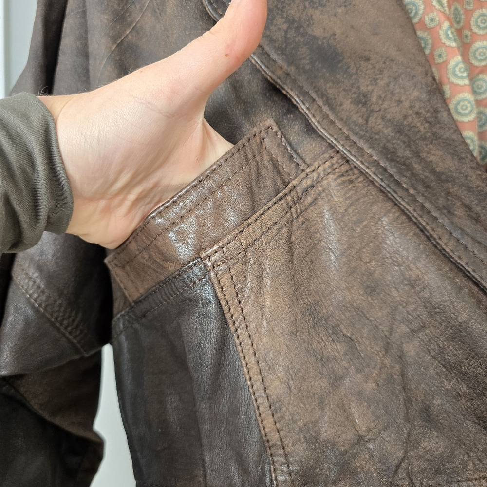 Winlit Vintage Leather Jacket Brown Cropped 80s Style Genuine Made in Korea M - Picture 6 of 17